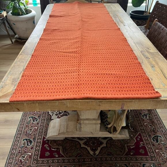 Crate and Barrel Hanson Runner Rug 2.5' x 7' Pumpkin Square Cotton Wool - Picture 1 of 6